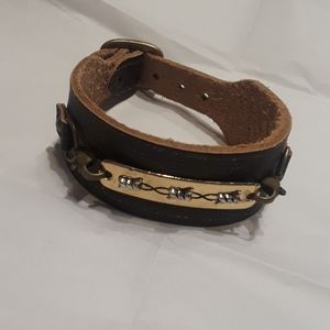 Gold-toned w/ Silver Barbed Wire Leather Bracelet